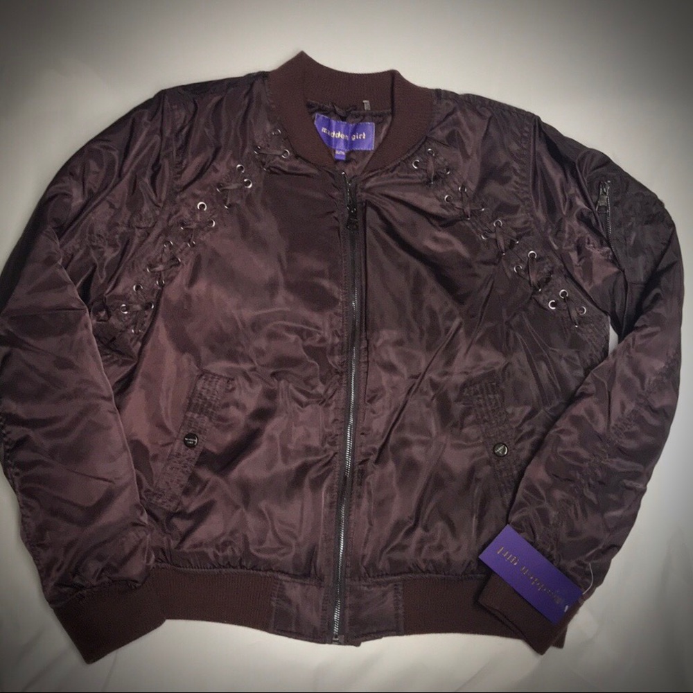 Madden Girl Juniors’ Plus Size Lace-Up bomber jacket in Merlot. Two sizes avail.